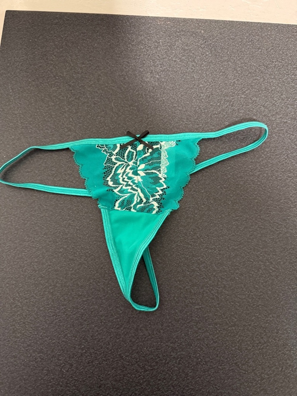 Victoria's Secret Teal Lace Thong with Black Bow